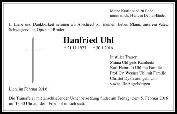 Traueranzeige von Hanfried Uhl von  Gießener Anzeiger