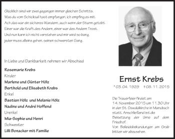 Traueranzeige von Ernst Krebs von  Allgemeine  Zeitung Ingelheim-Bingen