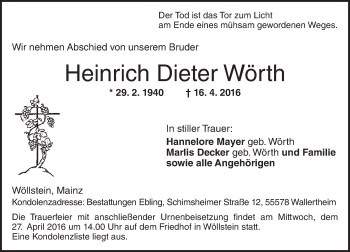 Traueranzeige von Heinrich Dieter Wörth von  Allgemeine Zeitung Alzey
