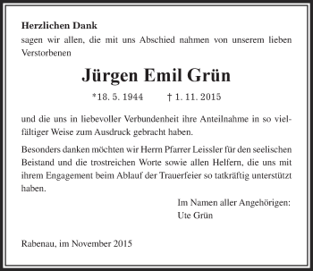 Traueranzeige von Jürgen Emil Grün von  Gießener Anzeiger