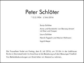 Traueranzeige von Peter Schlöter von Trauerportal Echo Online