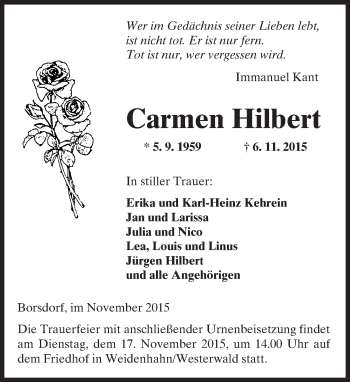 Traueranzeige von Carmen Hilbert von  Kreisanzeiger