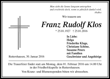 Traueranzeige von Franz Rudolf Klos von  Gießener Anzeiger