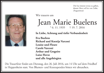 Traueranzeige von Jean Marie Buelens von Trauerportal Echo Online