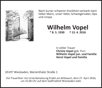 Traueranzeige von Wilhelm Vopel von  Wiesbaden komplett