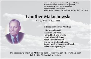 Traueranzeige von Günter Malachowski von  Gießener Anzeiger