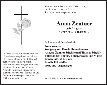 Traueranzeige von Anna Zentner von  Rheingau