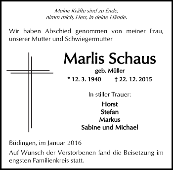 Traueranzeige von Marlis Schaus von  Kreisanzeiger