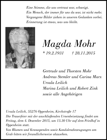 Traueranzeige von Magda Mohr von  Landskrone