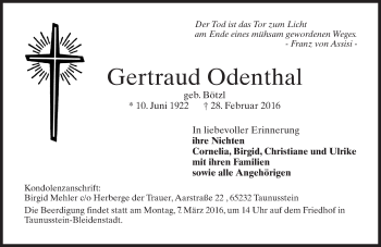 Traueranzeige von Gertraud Odenthal von  WK-UTA/Aar-Bote
