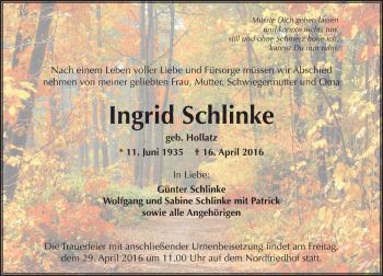 Traueranzeige von Ingrid Schlinke von  Wiesbaden komplett