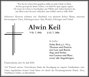 Traueranzeige von Alwin Keil von Trauerportal Rhein Main Presse
