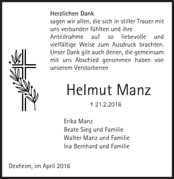 Traueranzeige von Helmut Manz von  Landskrone