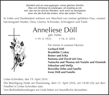 Traueranzeige von Anneliese Döll von  Kreisanzeiger