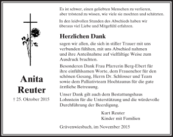 Traueranzeige von Anita Reuter von  Usinger Anzeiger