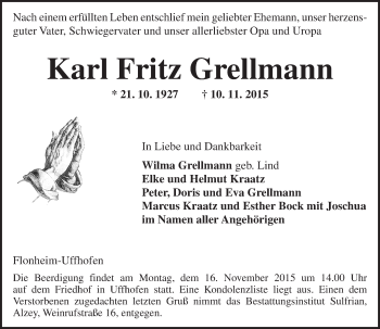 Traueranzeige von Karl Fritz Grellmann von  Allgemeine Zeitung Alzey