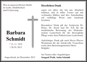 Traueranzeige von Barbara Schmidt von  OK Oberhessen Kurier