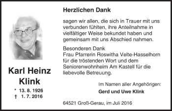 Traueranzeige von Karl Heinz Klink von Trauerportal Echo Online