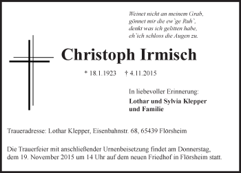 Traueranzeige von Christoph Irmisch von  Mainspitze