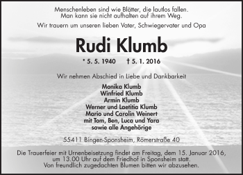 Traueranzeige von Rudi Klumb von  Allgemeine  Zeitung Ingelheim-Bingen