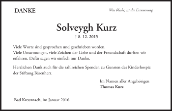 Traueranzeige von Solveygh Kurz von  Allg. Zeitung Bad Kreuznach