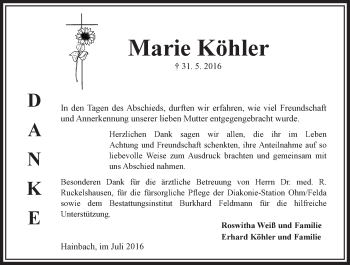 Traueranzeige von Marie Köhler von  OK Oberhessen Kurier
