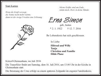 Traueranzeige von Erna Simon von VRM Trauer