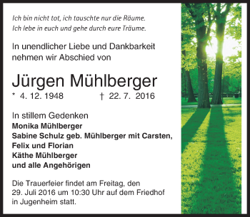 Traueranzeige von Jürgen Mühlberger von Trauerportal Echo Online