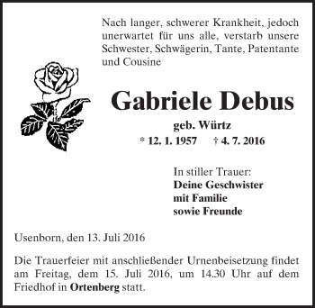 Traueranzeige von Gabriele Debus von  Kreisanzeiger
