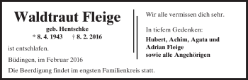 Traueranzeige von Waldtraut Fleige von  Kreisanzeiger