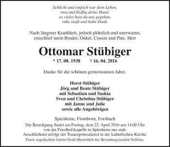 Traueranzeige von Ottomar Stübiger von  Allgemeine Zeitung Alzey