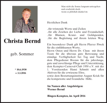 Traueranzeige von Christa Bernd von  Allgemeine  Zeitung Ingelheim-Bingen