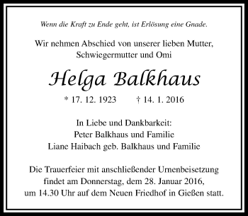 Traueranzeige von Helga Balkhaus von  Gießener Anzeiger