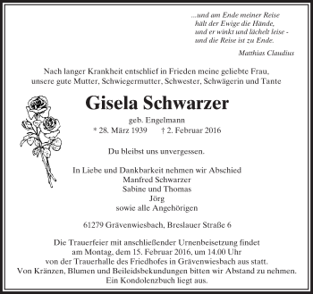 Traueranzeige von Gisela Schwarzer von  Usinger Anzeiger