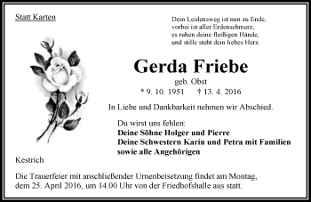 Traueranzeige von Gerda Friebe von VRM Trauer