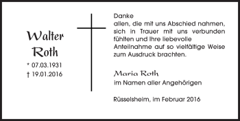 Traueranzeige von Walter Roth von  Mainspitze Traueranzeige von Walter Roth von  Mainspitze