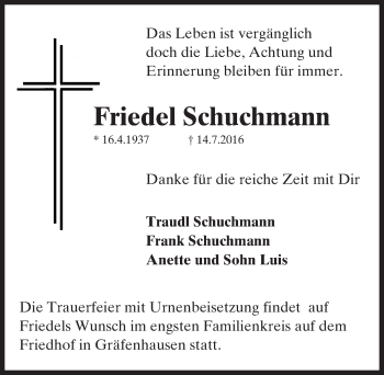 Traueranzeige von Friedel Schuchmann von Trauerportal Echo Online