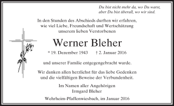 Traueranzeige von Werner Bleher von  Usinger Anzeiger