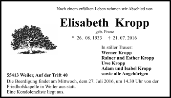 Traueranzeige von Elisabeth Kropp von Trauerportal Rhein Main Presse