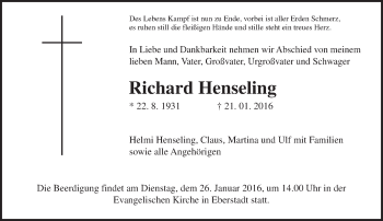 Traueranzeige von Richard Henseling von  Gießener Anzeiger