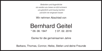 Traueranzeige von Bernhard Geitel von  Allgemeine Zeitung Mainz
