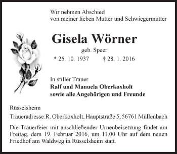 Traueranzeige von Gisela Wörner von  Mainspitze