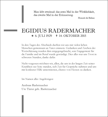 Traueranzeige von Egidius Radermacher von  Allgemeine Zeitung Mainz