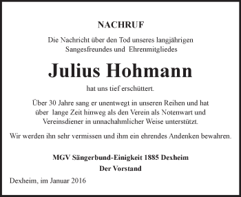 Traueranzeige von Julius Hohmann von  Landskrone