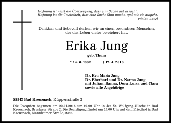 Traueranzeige von Erika Jung von  Allg. Zeitung Bad Kreuznach