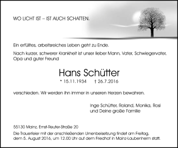 Traueranzeige von Hans Schütter von Trauerportal Rhein Main Presse