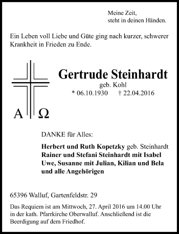 Traueranzeige von Gertrude Steinhardt von  Wiesbaden komplett