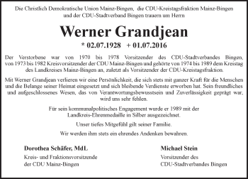 Traueranzeige von Werner Grandjean von Trauerportal Rhein Main Presse