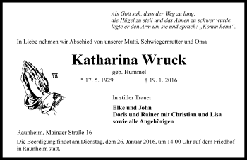 Traueranzeige von Katharina Wruck von  Mainspitze