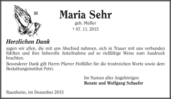 Traueranzeige von Maria Sehr von  Mainspitze